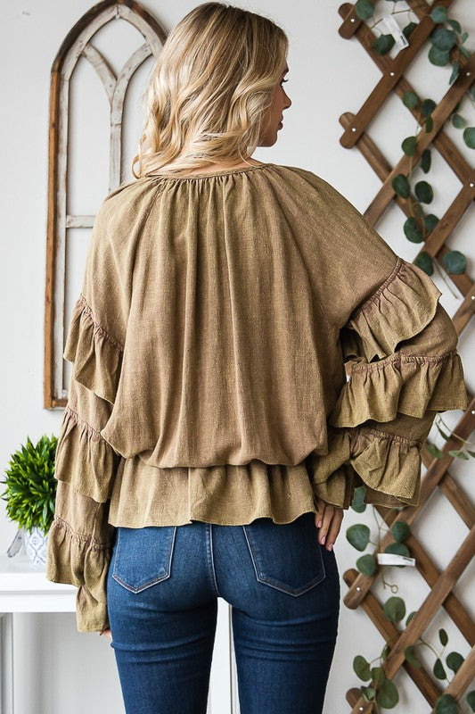 WASHED TIERED RUFFLE SLEEVE PEPLUM BLOUSE