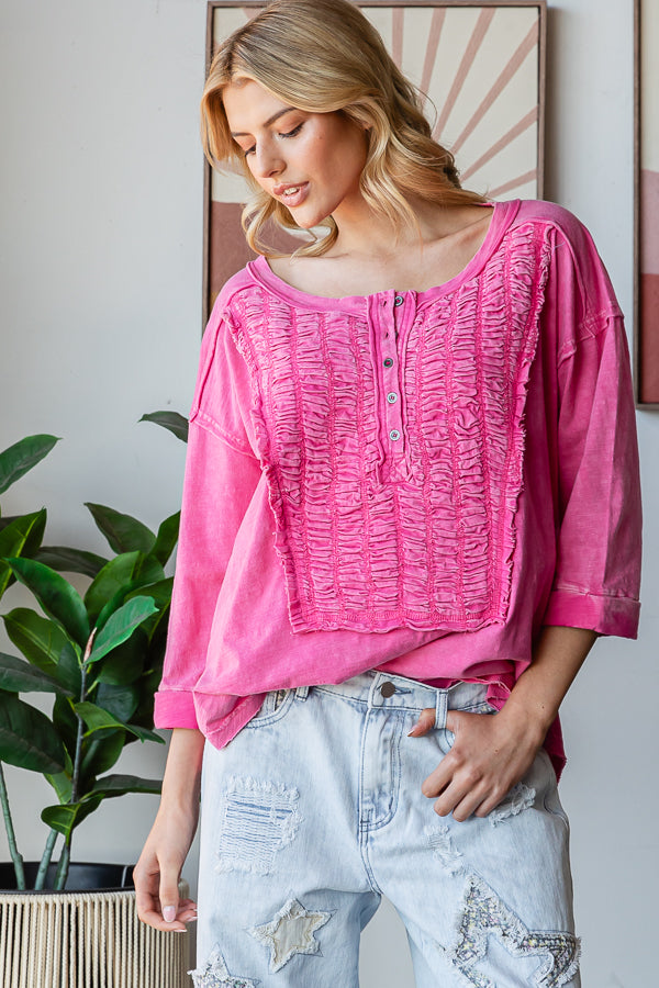 SMOCKED FRONT HENLEY NECK OVERSIZED TOP
