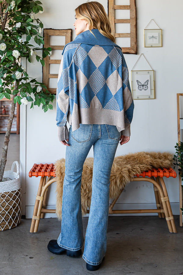 TWO TONE ARGYLE HALF ZIP UP PULLOVER SWEATER TOP