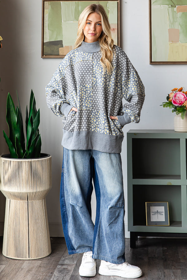 FLORAL PATTERNED FUNNEL NECK LONG SLEEVE SWEATER