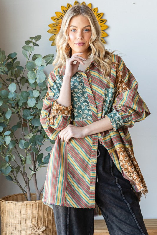 WASHED MIX MEDIA STRIPED BUTTON DOWN SHIRT