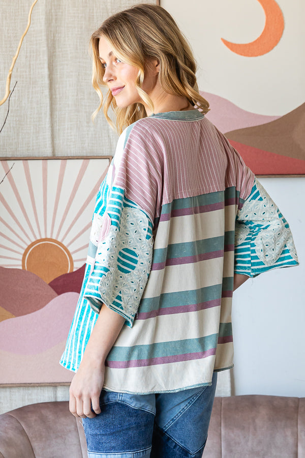 WASHED FLOWER PATCHWORK MULTI STRIPED TOP