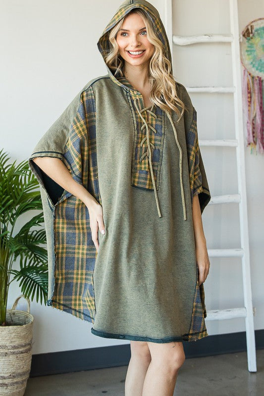 WASHED MIX MEDIA PLAID DETAIL OVERSIZED TUNIC TOP