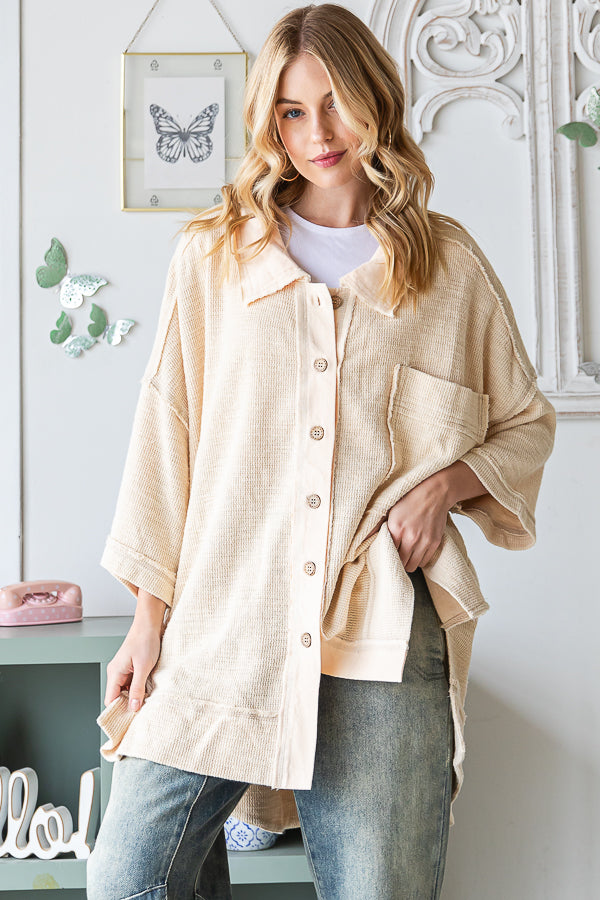 WASHED MIX MEDIA COLLAR NECK OVERSIZED SHIRT