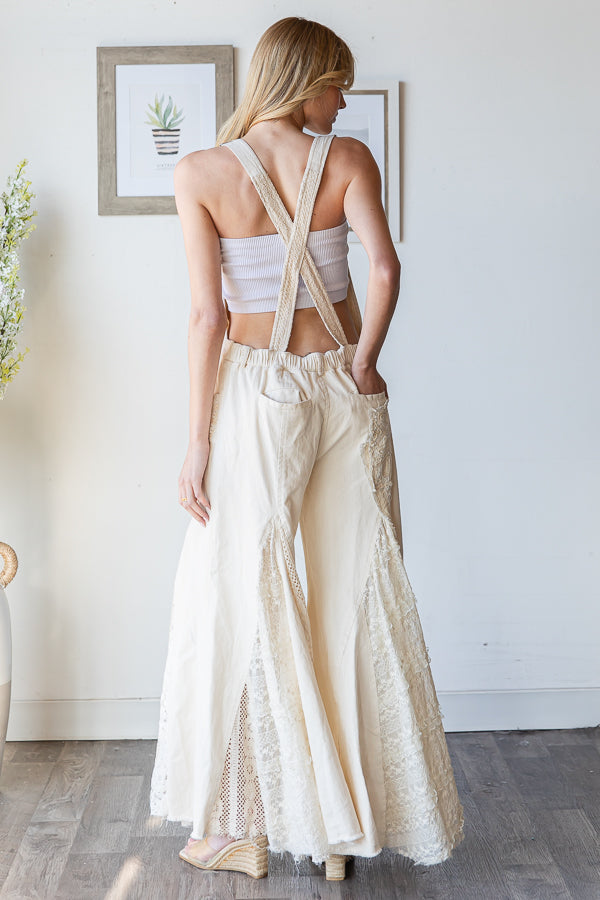 MULTI LACE PATCHWORK WIDE LEG OVERALLS