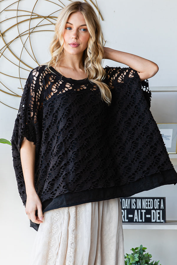 WASHED CROCHET LAYERED KNIT TOP