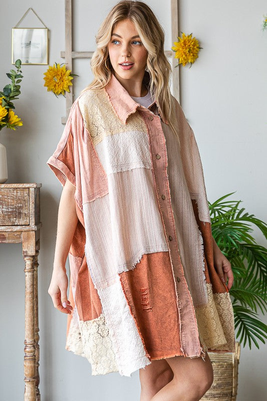 MIX MEDIA MINERAL WASHED SHORT SLEEVE SHIRT DRESS