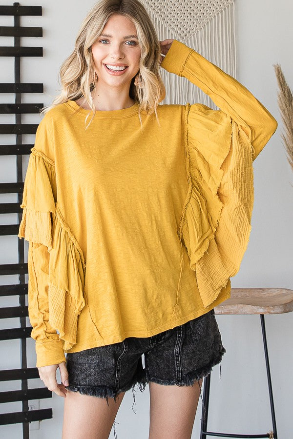 WASHED RUFFLE DETAIL DOLAM SLEEVE OVERSIZED TOP