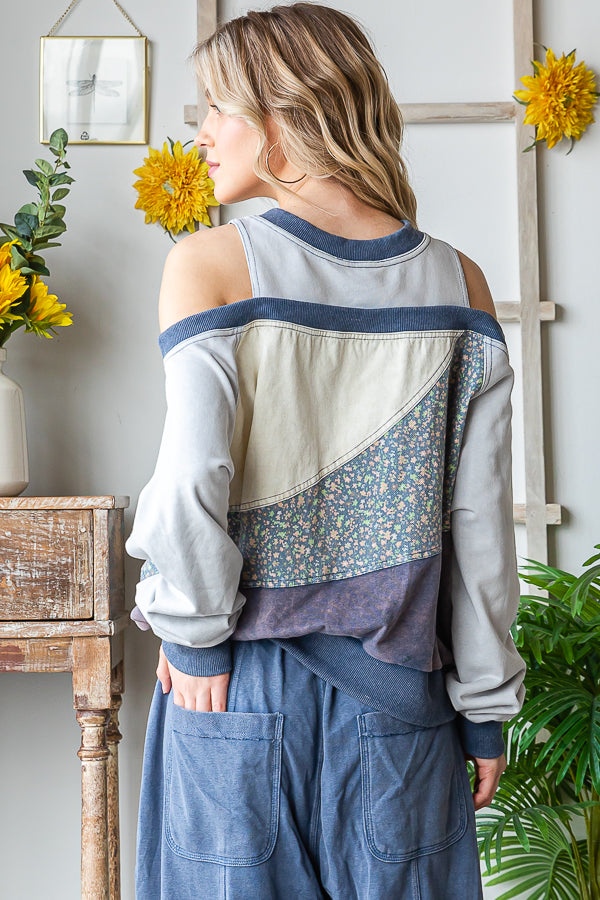 WASHED MIX MEDIA CUTOUT SHOULDER PULLOVER TOP