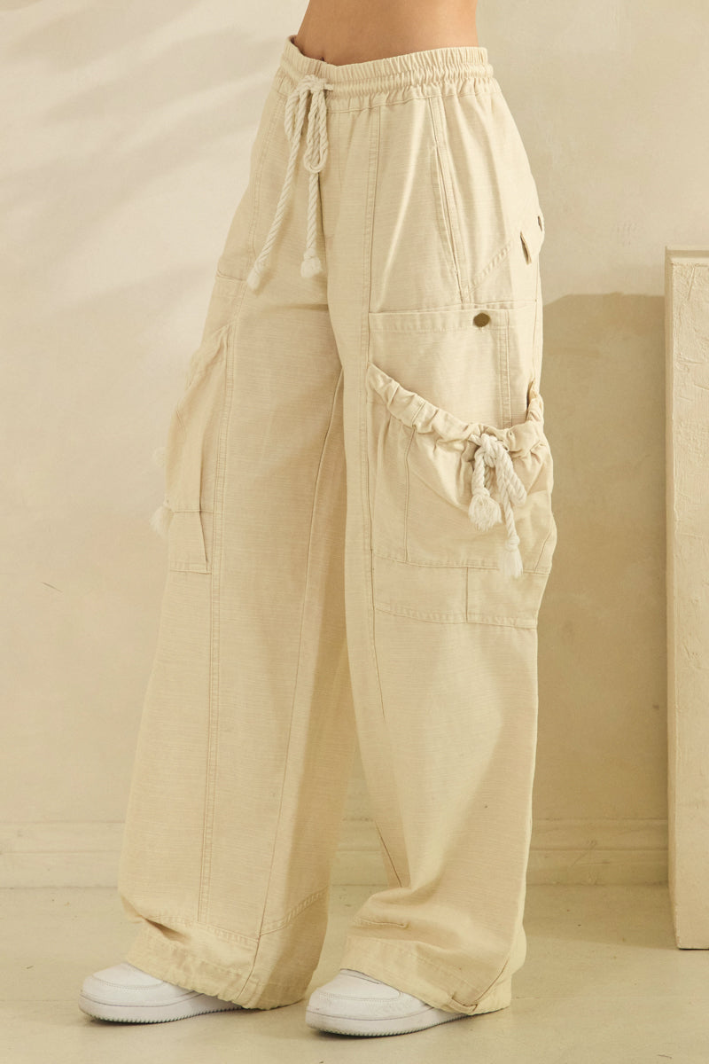 WASHED ELASTIC WAIST STRING POINT BIG POCKET PANTS