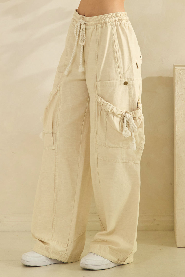WASHED ELASTIC WAIST STRING POINT BIG POCKET PANTS