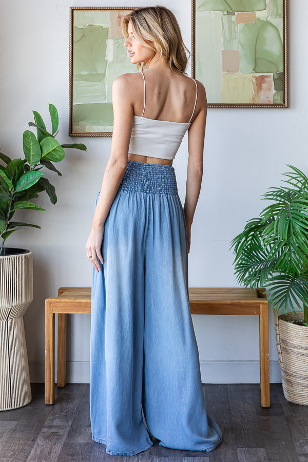 MINERAL WASHED SMOCKED WAIST WIDE LEG CASUAL PANTS