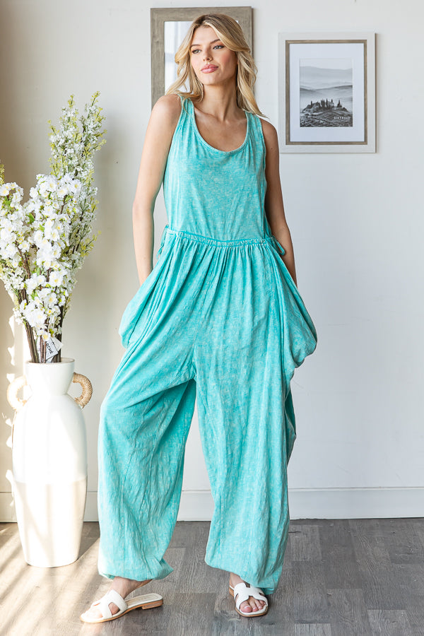 WASHED WIDE LEG DRAWSTRING DETAIL JUMPSUIT