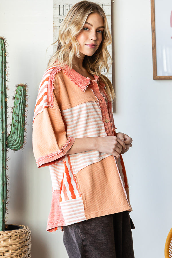 WASHED COLORBLOCK CONTRAST SHORT SLEEVE SHIRT