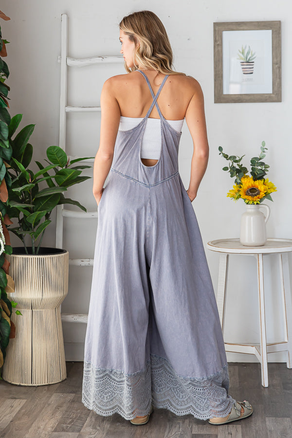 WASHED KEYHOLE BACK DETAILED WIDE LEG ROMPER