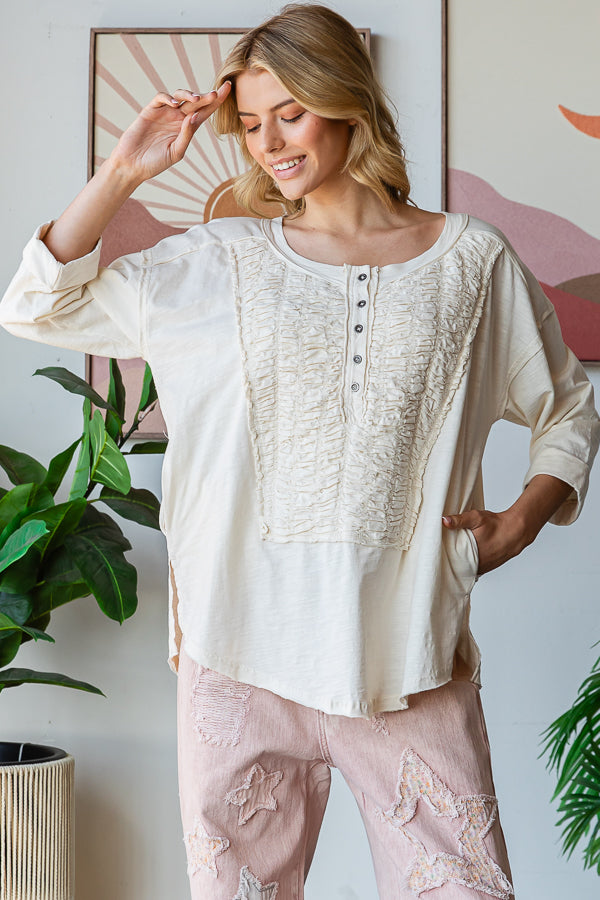 SMOCKED FRONT HENLEY NECK OVERSIZED TOP