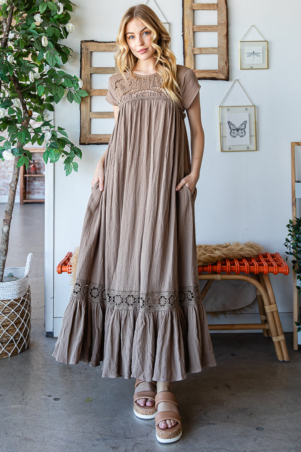 CROCHET YOKE RUFFLE FLARE HEM GAUZE MAXI DRESS