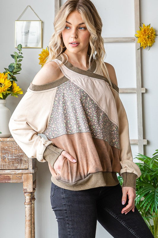 WASHED MIX MEDIA CUTOUT SHOULDER PULLOVER TOP