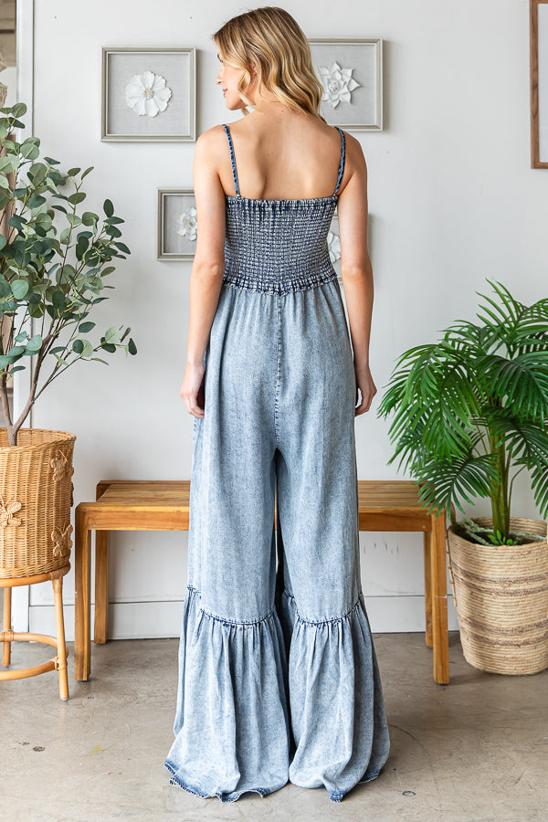 WASHED SMOCKED DETAIL RUFFLE WIDE LEG JUMPSUIT