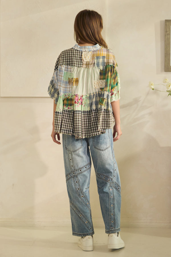 WASHED RUFFLE HEM MIXED PLAID TOP