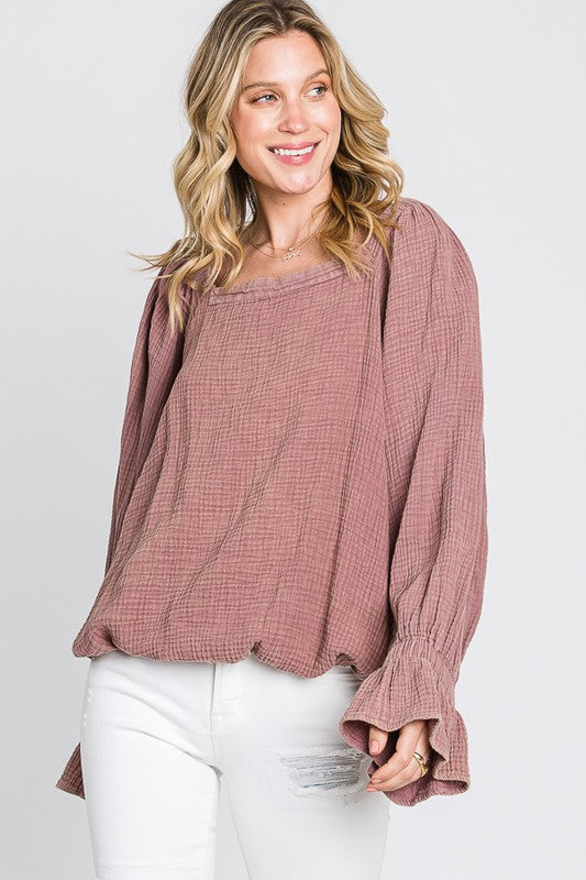 WASHED FLARE CUFFS OPEN BACK DETAIL GAUZE BLOUSE