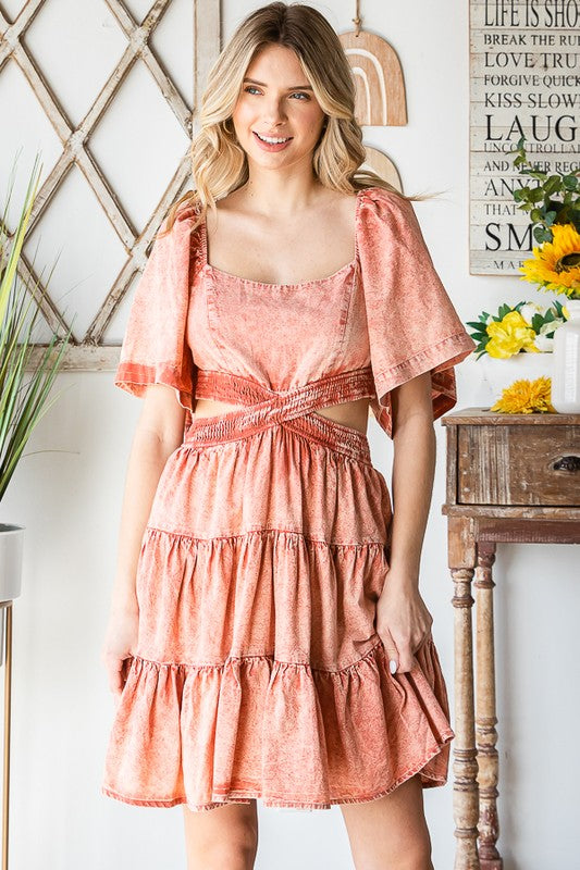 WASHED CROSS CUTOUT TIERED MINI DRESS