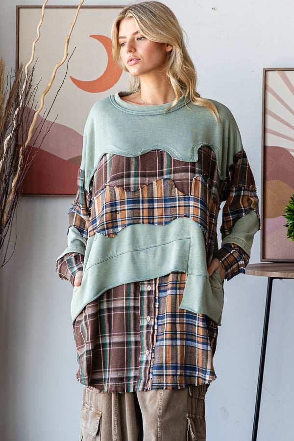 WASHED PLAID PATCHWORK TUNIC LONG SLEEVE TOP