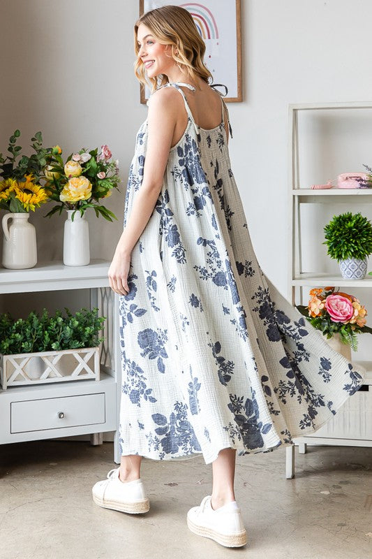 PRINTED TIE STRAPS SMOCKED FRONT MAXI DRESS