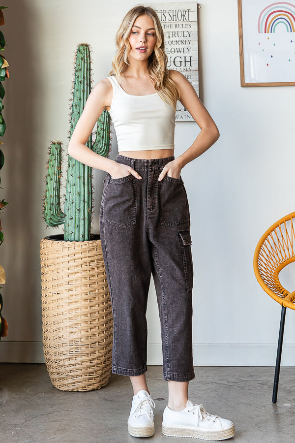 WASHED POCKETS HIGH WAIST CARGO PANTS