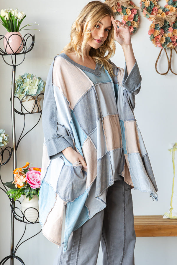 WASHED COLORBLOCK WIDE V NECK OVERSIZED TOP