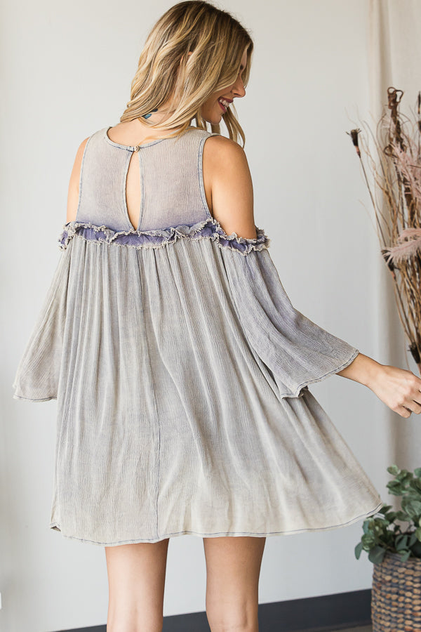 WASHED COLD SHOULDER RUFFLE DETAIL TUNIC TOP