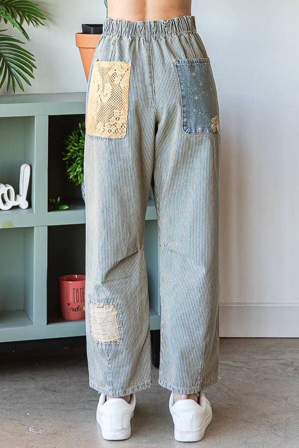 WASHED PATCHWORK DETAIL STRAIGHT LEG DENIM JEANS