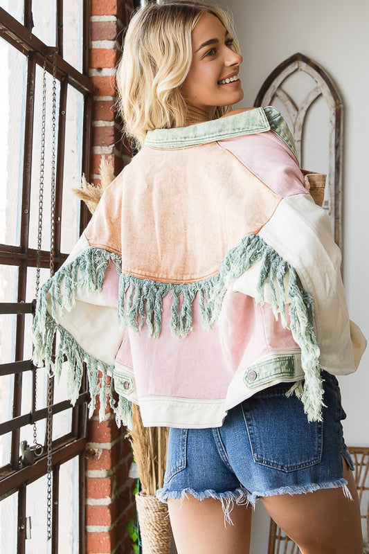 WASHED COLORBLOCK BUTTON DOWN FRINGE TWILL JACKET