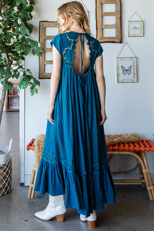 CROCHET YOKE RUFFLE FLARE HEM GAUZE MAXI DRESS