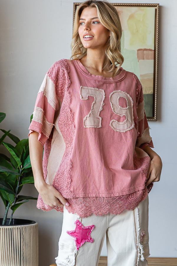 WASHED NUMBER PATCHWORK MIX MEDIA TEE