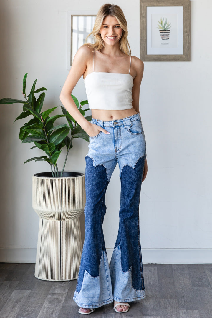 TONAL WASH COLOR BLOCK BOOTCUT DENIM JEANS