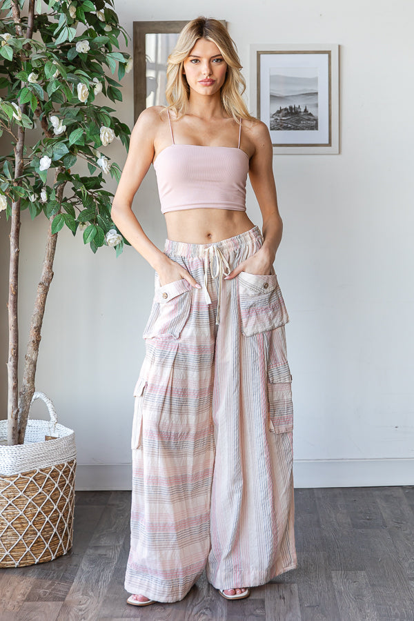 WASHED 3D POCKET NARROW STRIPE WIDE LEG PANTS