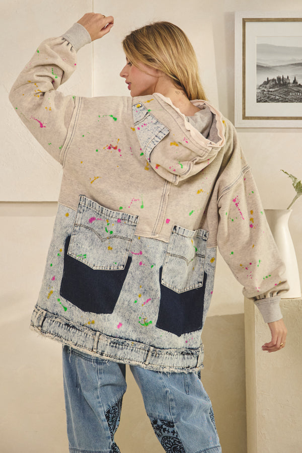 WASHED SPLATTER PAINT LONG SLEEVE HOODIE