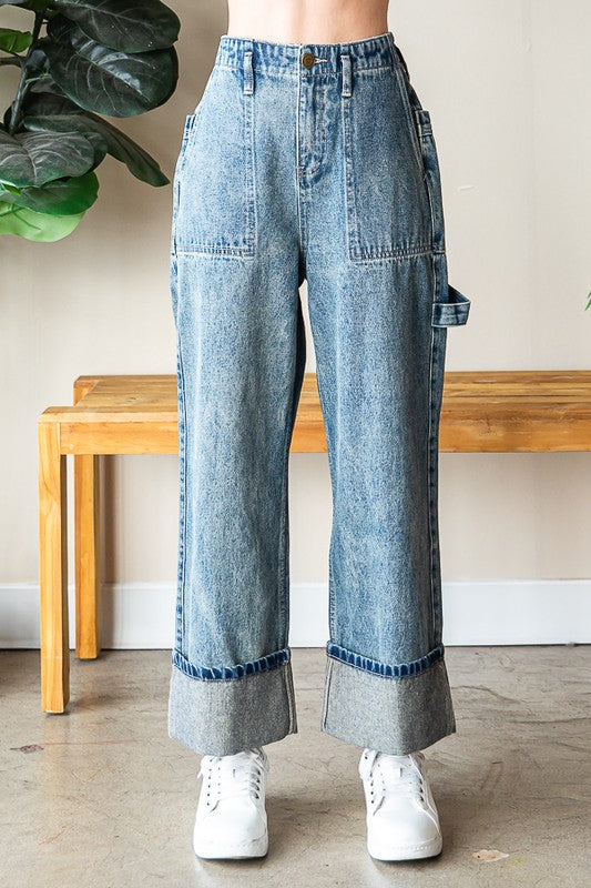WASHED WIDE LEG STRAIGHT DENIM PANTS
