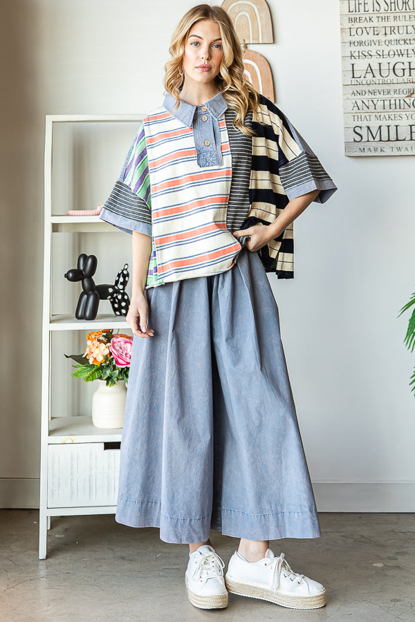 MULTI STRIPE MIXED COLLAR NECK SHIRT