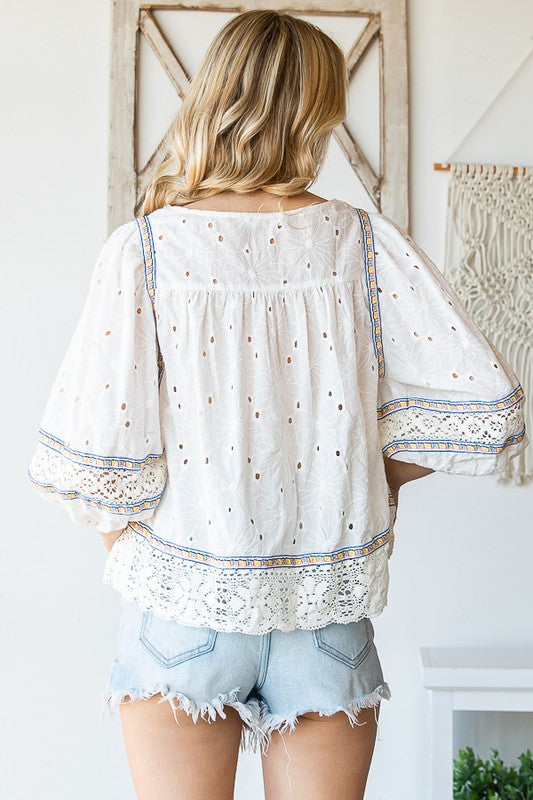 WASHED EYELET LACED BABYDOLL TOP