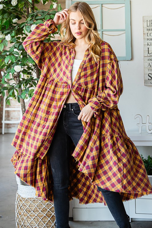 WASHED TIERED RUFFLE BACK DETAIL PLAID TUNIC SHIRT
