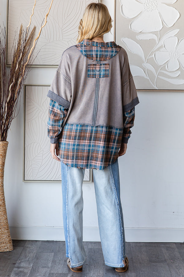 WASHED PLAID CONTRAST MIX MEDIA SHIRT