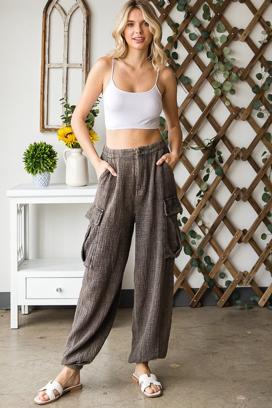 WASHED DOUBLE GAUZE BAGGY CARGO PANTS