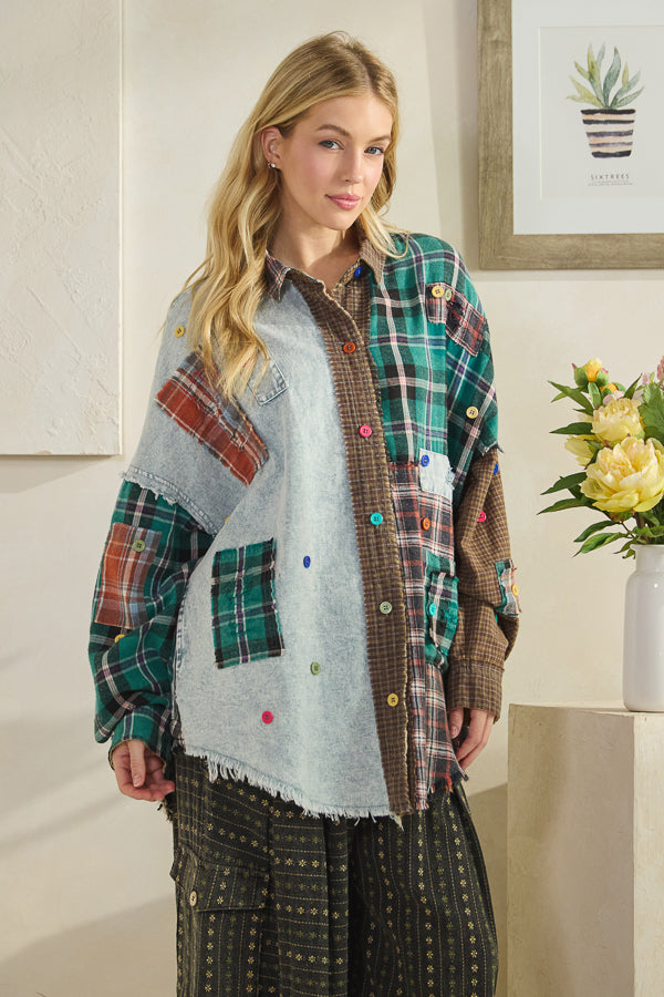 COLORBLOCK PATCHWORK PLAID BUTTON DOWN SHIRT