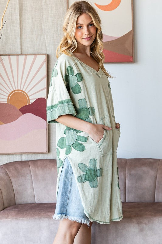 WASHED FLOWER PATCHWORK WIDE NECK TUNIC TOP