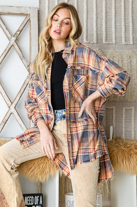 WASHED MULTI COLOR PLAID BUTTON FRONT SHIRT