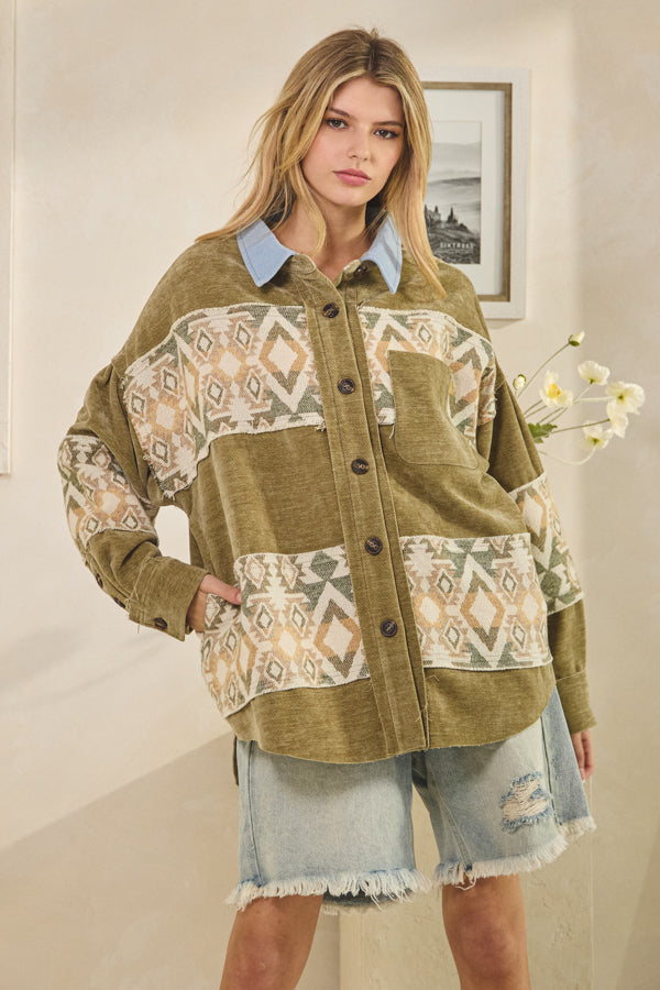 WASHED AZTEC PRINTED MIXED BUTTON DOWN SHACKET
