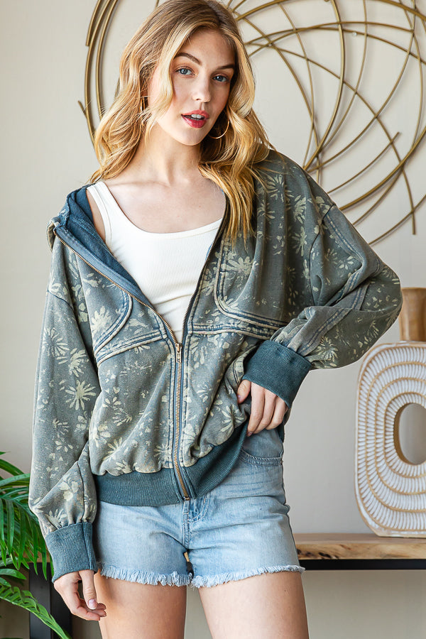 PRINTED DETAIL HOODED ZIP FRONT JACKET