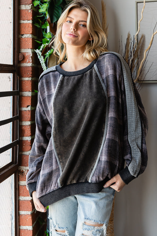 WASHED PLAID MIX MEDIA LONG SLEEVE PULLOVER TOP